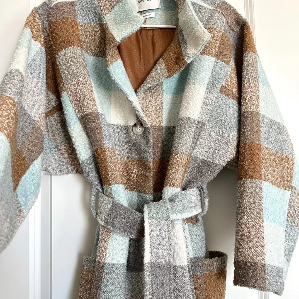GESTUZ Anaya Wool Blend Check Tie Waist Coat in Ice Blue Multi Size S